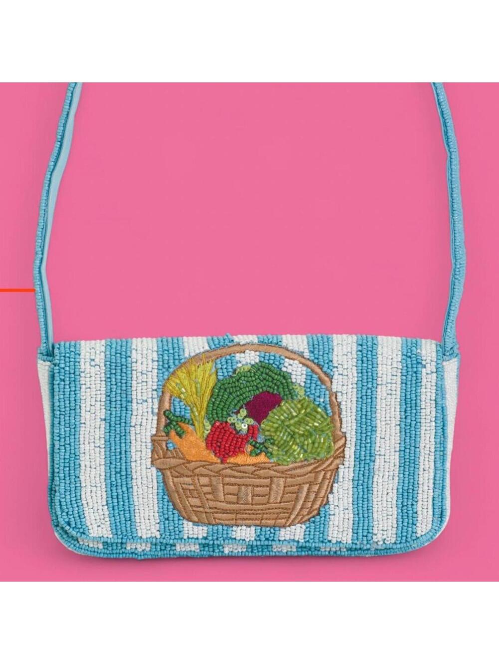 Tiktok Viral Blue Striped Vegetable Market Basket Beaded Bag